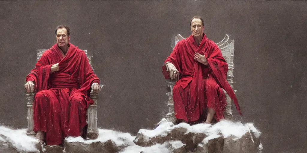 Image similar to the end is near. a tired julius caesar is sitting on his throne. face is highly detailed. splices of red are running down his toga. mist. color scheme red. low angle medium shot. imagined by jeremy lipking