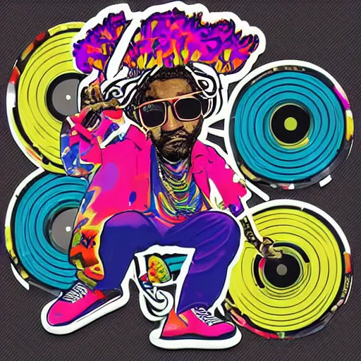 Image similar to svg sticker of a Dancing-Ben-Harper-Snoop-Spike-Lee-with-a-large-Afro-Puff, at a rave, spinning records, giant headphones rocking out, wearing headphones, huge speakers, dancing, rave, DJ, spinning records, digital art, amazing composition, rule-of-thirds, award-winning, trending on artstation, featured on deviantart