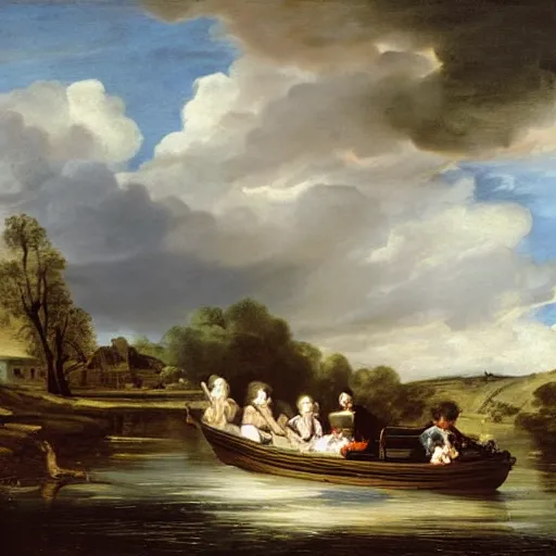 Prompt: cinnabun by jacob van ruisdael, by warren ellis, by charles spencelayh ultradetailed. the computer art of a group of well - dressed women & children enjoying a leisurely boat ride on a calm day. the women are chatting & laughing while the children play with a toy boat in the foreground.