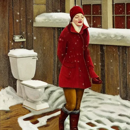 Image similar to emma stone in boots walking to outdoor toilet, winter, russian depression, chthonic, by grant wood, shulzhenko, nikolay kopeykin, lozhkin, vdovenko