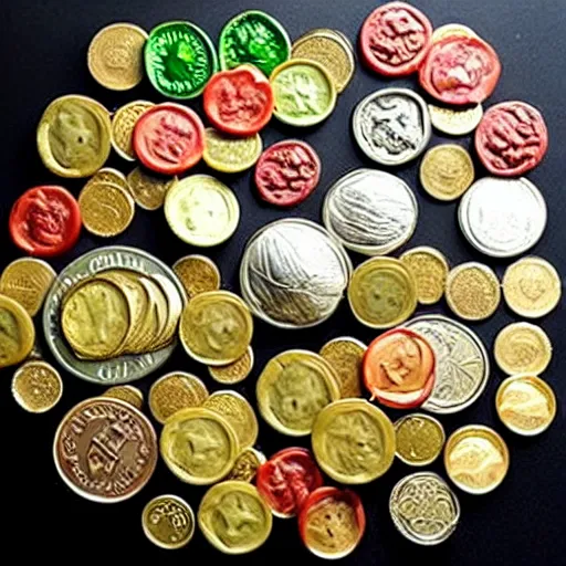 Image similar to edible coins made of vegetables, finely chopped vegetables in the shape of coins