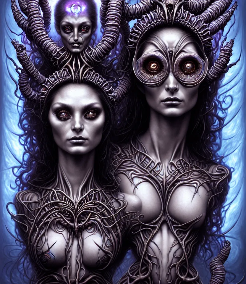 Image similar to A beautiful detailed alien goddess woman with 6 arms super dark tarot card, gorgeous model face by Stanley Artgerm, by tomasz alen kopera and Justin Gerard, 4 eyes, beautiful symmetrical features, ominous, magical realism, melting, texture, intricate, ornate, royally decorated, melting, whirling smoke, embers, purple adornments, blue torn fabric, radiant colors, fantasy, trending on artstation, volumetric lighting, micro details, 3d sculpture, ray tracing, 8k, anaglyph effect