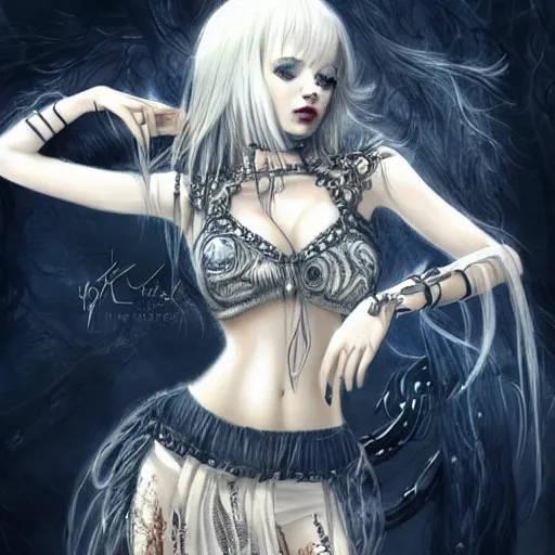 Prompt: kerli koiv animel goth girl in mini skirt and crop top intricate, extremely detailed, artstation, 8 k, sensual lighting, incredible art, wlop, artgerm, luis royo