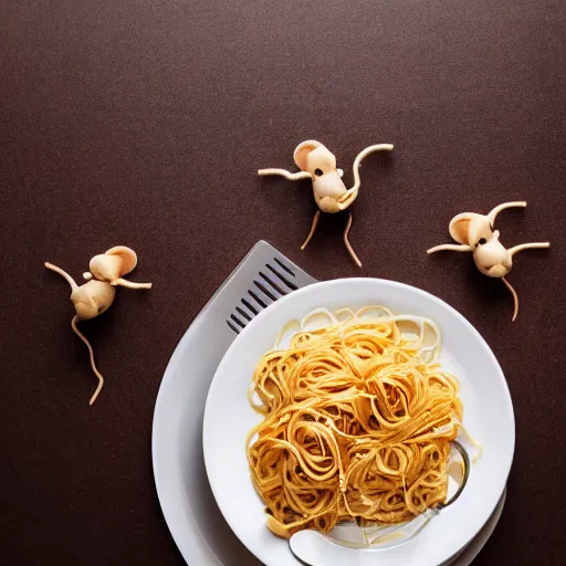 Prompt: photo of mice eating pasta, dynamic lighting