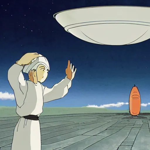 Image similar to an asymmetrical cell - shaded studio ghibli concept art study of a huge silver flying ufo in the sky. an elegant alien is greeting a middle eastern merchant on the ground. very dull colors,, hd, 4 k, hq