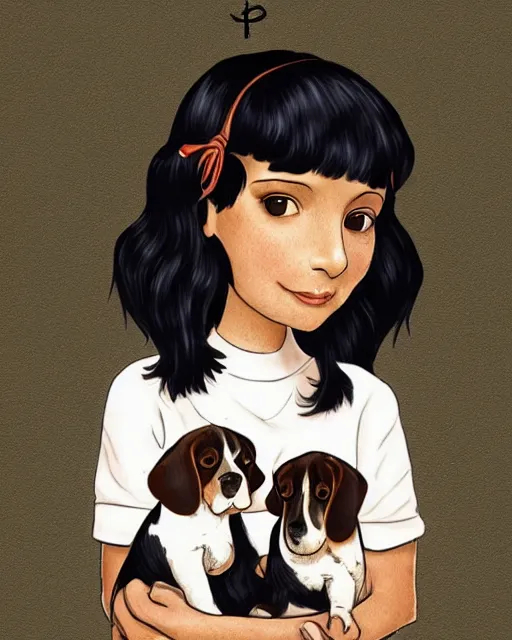 Image similar to happy birthday postcard in a style of Neil Gaiman book , black haired girl holding a beagle puppy, trending on artstation, 8k, highly detailed