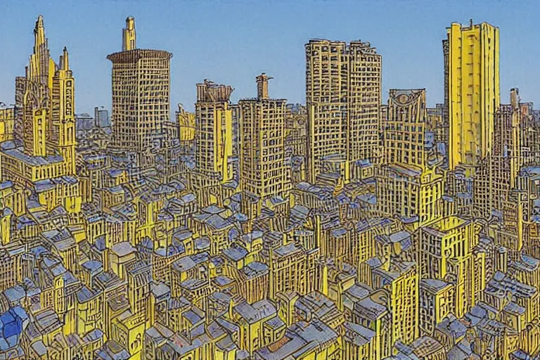 Prompt: a city with buildings made out of lemons by moebius