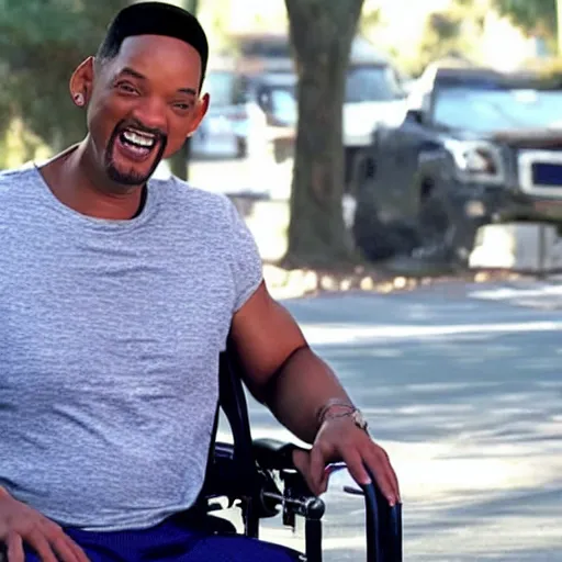 Image similar to will smith smiling in a wheelchair, movie still