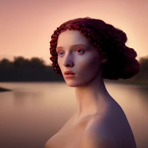 Image similar to photographic portrait of a stunningly beautiful english renaissance female in soft dreamy light at sunset, beside the river, soft focus, contemporary fashion shoot, in a denis villeneuve and tim burton movie, by edward robert hughes, annie leibovitz and steve mccurry, david lazar, jimmy nelsson, extremely detailed, breathtaking, hyperrealistic, perfect face, octane render