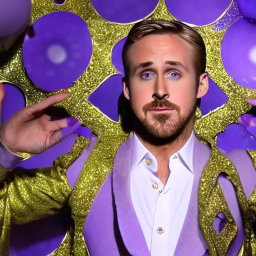 Image similar to Ryan Gosling with silver-violet hair, white eyes, inflated press and golden glittery dress, wide lens, diorama, 4k,