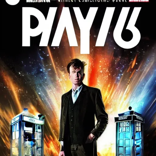 Image similar to A marvel comic book cover of the tenth doctor standing in front of the Tardis, daytime