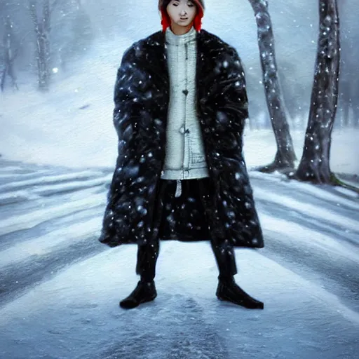 Prompt: beautiful snow - covered korean young man posing on road in park with pines, dressed in leather coat, half - length portrait, perfect symmetrical eyes, cinematic by peter mohrbacher, detailed, hyperrealism