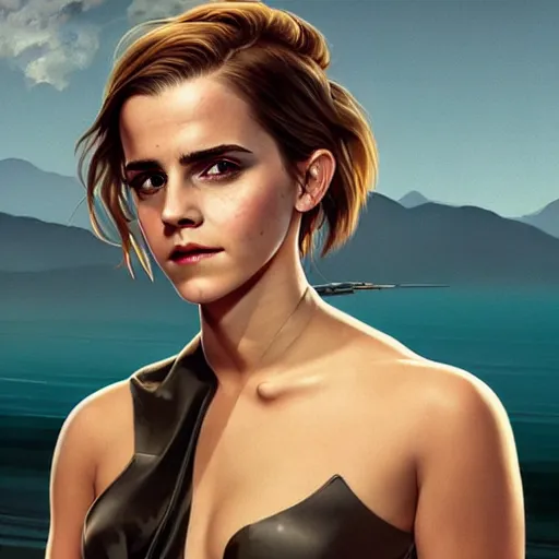 Prompt: highly detailed painting of emma watson wearing a latex suit, gta 5 cover art, stephen bliss, 8 k, by greg rutkowski, artgerm, loish, rhads, global illumination, radiant light, detailed and intricate environment