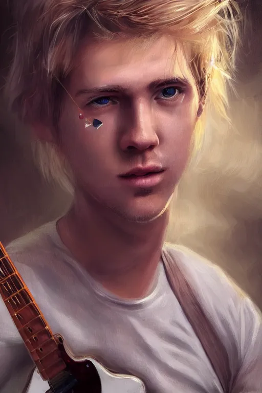 Image similar to blonde wild hair boy playing fender stratocaster, eye - patch, close - up portrait, plain white tshirt, powerfull, intricate, elegant, volumetric lighting, scenery, digital painting, highly detailed, artstation, sharp focus, illustration, concept art, steve mccurry