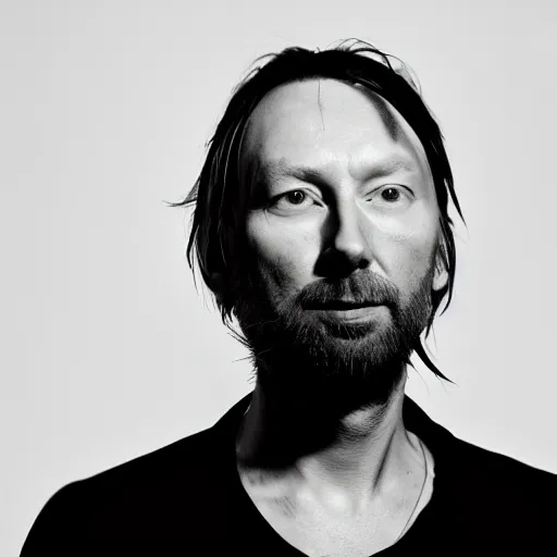 Image similar to Yorke Thom Radiohead yorke thom, with a beard and a black jacket, a portrait by John E. Berninger, dribble, neo-expressionism, uhd image, studio portrait, 1990s