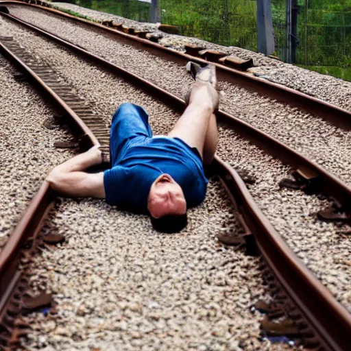 Prompt: man laying on train tracks