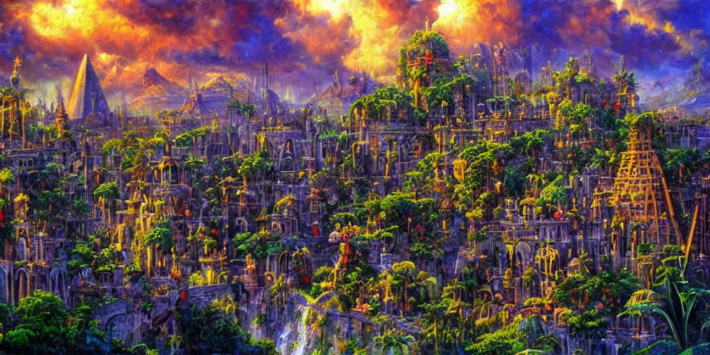 Prompt: fantasy oil painting, regale, refined, fortress mega structure city, damascus, luxor, argos, indore, flores, hybrid, looming, small buildings, warm lighting, street view, overlooking, epic, lush plants flowers, rainforest mountains, bright clouds, luminous sky, outer worlds, cinematic lighting, michael cheval, michael whelan, oil painting, natural tpose