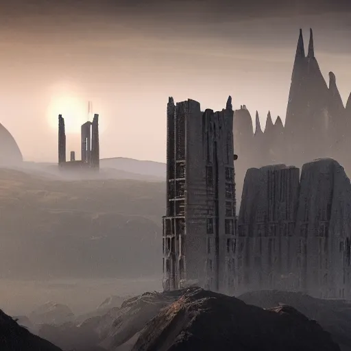 Prompt: a gigantic brutalist ancient tower, a detailed structure with at the top 3 spires in form of a trident, 6 0 0 hundred meters tall set against sunlit, all surrounded by smoke, mountains and a huge old city, 8 k, art station, ultra realistic, cinematic composition, style of weta, in the style of ilm