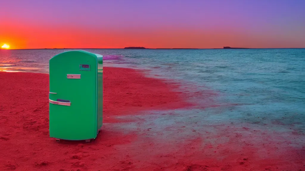 Image similar to purple refrigerator, red sand beach, green ocean, nebula sunset