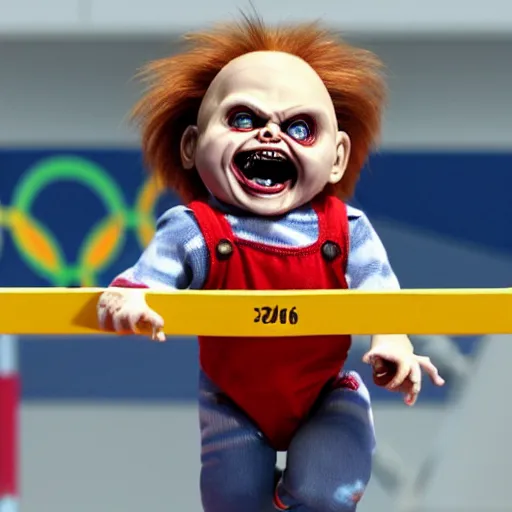 Image similar to screaming chucky doll doing long jump at the olympics