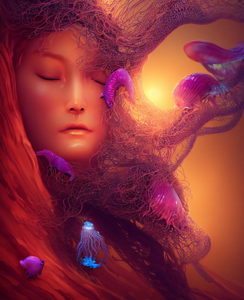 Image similar to goddess close-up portrait. jellyfish phoenix head, nautilus, orchid, skull, betta fish, bioluminiscent creatures, intricate artwork by Tooth Wu and wlop and beeple. octane render, trending on artstation, greg rutkowski very coherent symmetrical artwork. cinematic, hyper realism, high detail, octane render, 8k