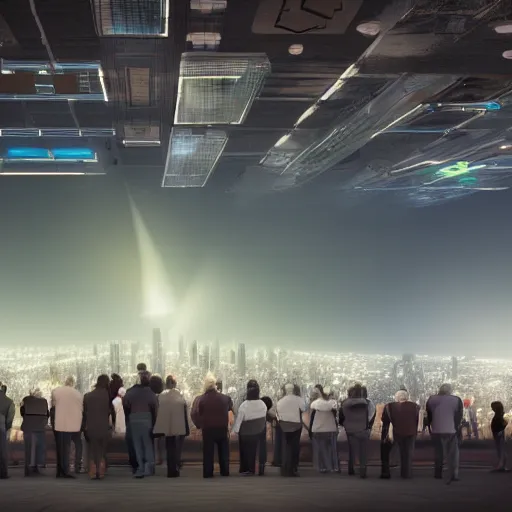 Image similar to large group people in a huge warehouse, looking at hologram of futuristic city on a table | cinematic concept art | godrays | 4 k | clear details | tabletop | tabletop | hologram foreground