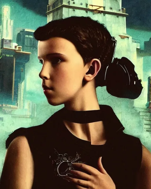 Prompt: cyberpunk millie bobby brown by leonardo da vinci