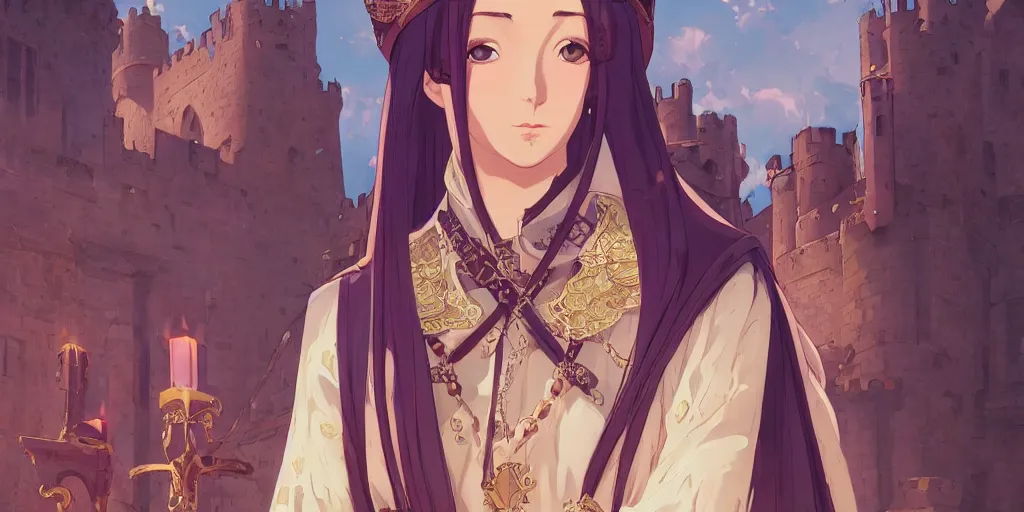 Image similar to portrait of elegant brunette as a medieval royalty, medieval castle background, shallow focus, rich vivid colors, ambient lighting, dynamic lighting, 4k, official media, anime key visual, makoto shinkai, ilya kuvshinov, lois van baarle, rossdraws, detailed, trending on artstation