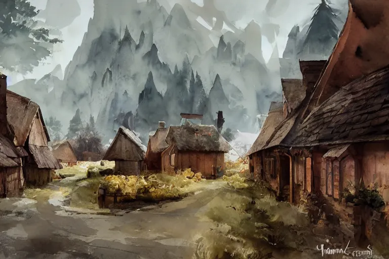 Image similar to paint brush strokes, abstract watercolor painting of village street, bailey ring wall in stone, medieval straw roof, scandinavian viking age, ambient lighting, art by hans dahl, by jesper ejsing, art by anders zorn, wonderful masterpiece by greg rutkowski, cinematic light, american romanticism by greg manchess, creation by tyler edlin