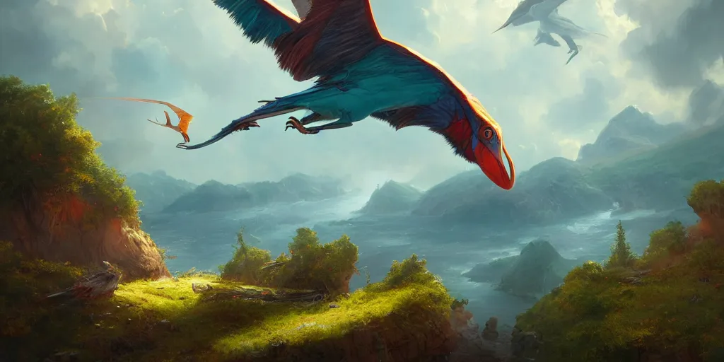 Image similar to ultra realistic colorful pterodactylus beautiful dreamy landscape, dream, colors, highly detailed, artgerm style, clear, ocatne render, artstation trend, epic art style, greg rutkowski, cinematic, concept art, 8 k hd