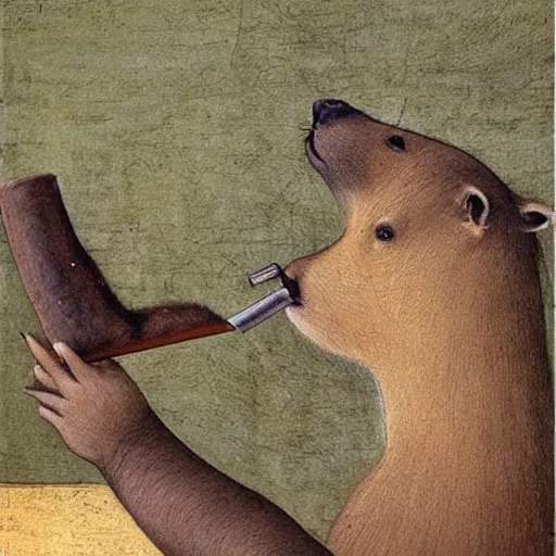 Prompt: capybara smoking a cigar, oil painting by leonardo da vinci