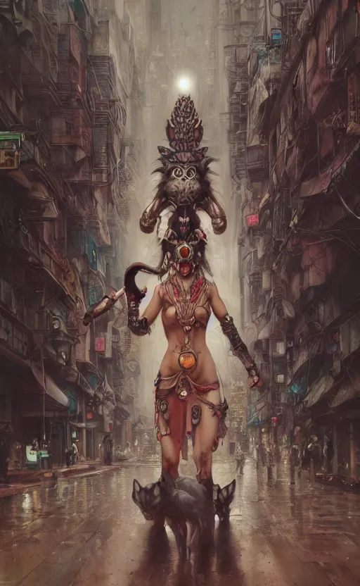 Image similar to hyper realistic Princess Mononoke, ornate mask magic, wet market street, cyberpunk metropolis, city landscape, jewels, full body pose, full moon, crowded streets, style of tom bagshaw, mucha, james gurney, norman rockwell, denoised, sharp