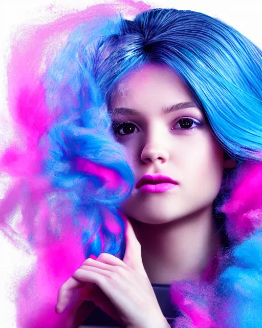 Image similar to a digital art of a dramatic lighting beautiful young woman with cotton candy hair. with a little bit of cyan and pink