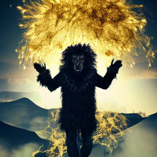 Prompt: black lion's god looking at you with fur made from gold lightnings surrounded by epic ancient huge forest and mountains in the background a lot of birthday confetti and ballons and colrful ribbons, colossal scale, cinematic shot, vibrant colors, photorealism, epic, octane render by evgeniy antonenkov and james jean