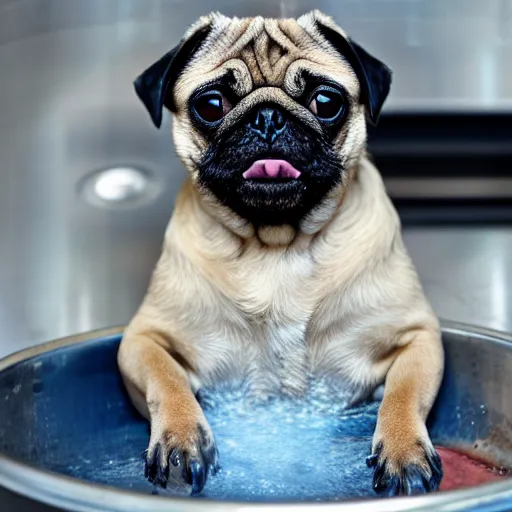 Prompt: An adorable pug sitting in a pot of water atop a stove, high resolution photograph