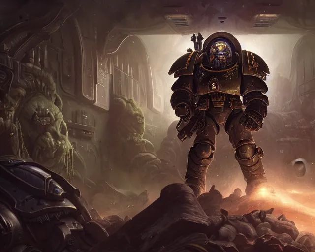 Prompt: 4 k cinematic still portrait of a space marine in a dark liminal space room, nurgle, deep focus, d & d, fantasy, intricate, repulsive, highly detailed, digital art, art station, concept art, matte, sharp focus, illustration, dark fantasy art, hearthstone, art by artgerm and greg rutkowski and alphonse mucha