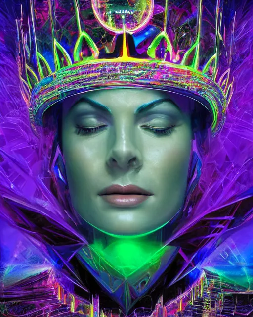 Image similar to a powerful energy psychedelic matrix queen with a crown, by alexander fedosav, hyper detailed digital matte painting, concept art, hyperrealism, 1 6 k resolution, cinema 4 d, 8 k resolution, trending on artstation, behance hd, a masterpiece, by stephan martiniere, particles, cel - shaded, power bright neon energy, by david a. hardy