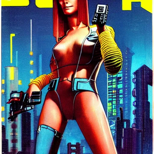Image similar to cable plugged into cyberdeck, right temple, cyberpunk woman, computer, 1 9 7 9 omni magazine cover, style by vincent di fate, cyberpunk 2 0 2 0