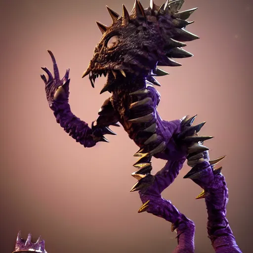 Prompt: cute monster, rubber spikes on the body, rubber skin spikes, spikes are from rubber, purple skin, skinny, gold armor, battleground background, battlefield, concept art, artstation, award winning, high detailed, 4k, 8k, hd textures, octane render, intricate details, volumetric lighting, realistic, hyperdetailed