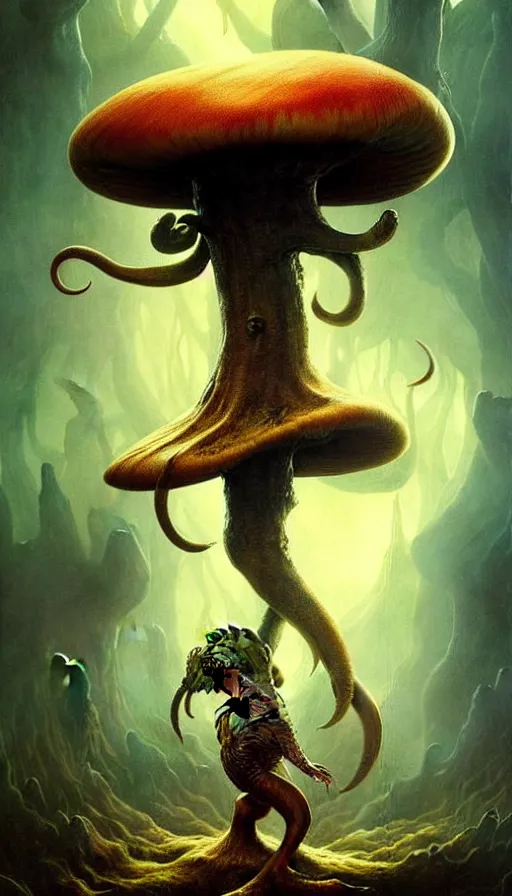 Image similar to exquisite imaginative imposing weird creature movie poster art humanoid hype realistic mushroom movie art by : : weta studio tom bagshaw james jean frank frazetta