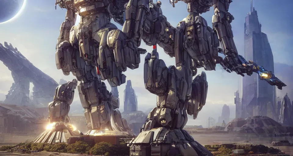 Image similar to a beautiful hyperrealistic ultradetailed 3D render of a gigantic mecha guarding a sci-fi spaceport, by brian sum and stephan martiniere and pixar and Makoto Kobayashi,mech, unreal engine, octane render, gigantic, unreal engine, octane render, 3D, brilliantly coloured, intricate, ultra wide angle, trending on artstation, dusk, volumetric lighting, HDR, polished, micro details, ray tracing