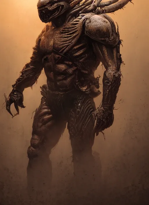 Image similar to a photorealistic dramatic hyperrealistic render of predator the alien hunter, ultra realistic details, well worn, rust, oil stains by wlop, greg rutkowski, alphonse mucha vitaly bulgarov and mike nash, beautiful dramatic dark moody tones and lighting, cinematic atmosphere, studio lighting, global illumination, shadows, dark background, concept design art octane render, 8 k