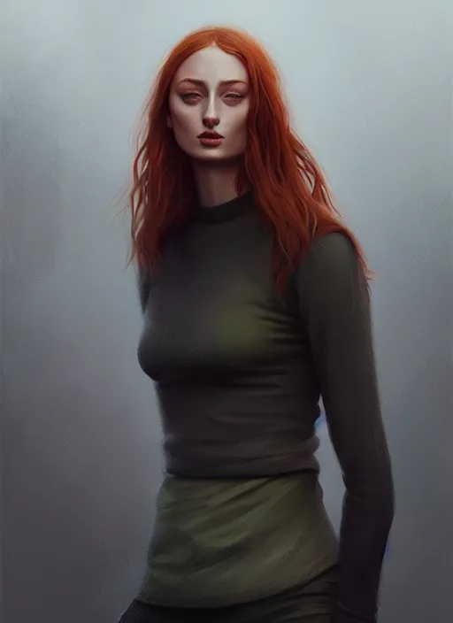 Image similar to sophie turner detailed clothing, half body shot, arms down, path traced, highly detailed, high quality, digital painting, alena aenami, arnold bocklin, tom bagshaw