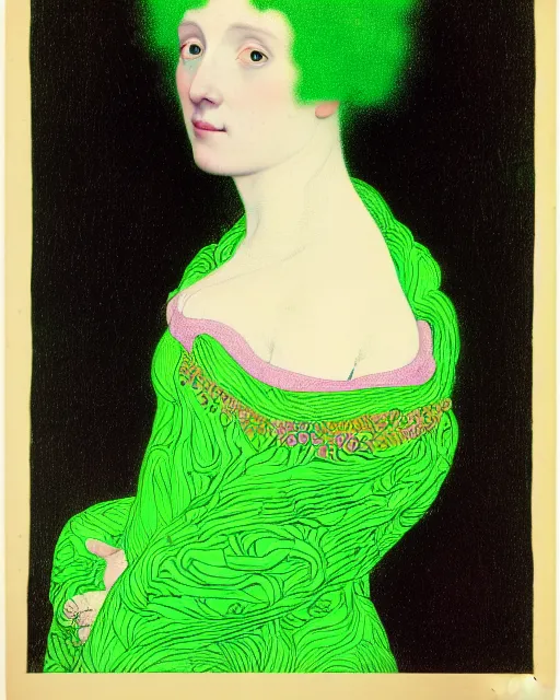 Image similar to portrait of a young pale woman with pink hair, wearing a neon green dress, intricate details, super-flat, in the style of James Jean, Jean Auguste Dominique Ingres, Gustav Klimt, black background