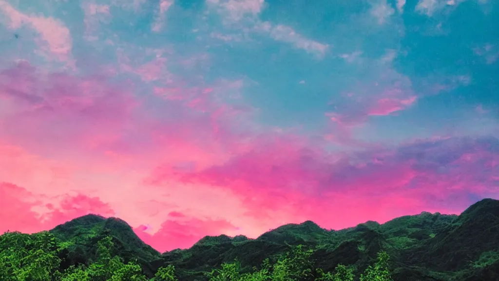 Image similar to Beautiful green lush mountains under the anime pink clouds backlit by the sun