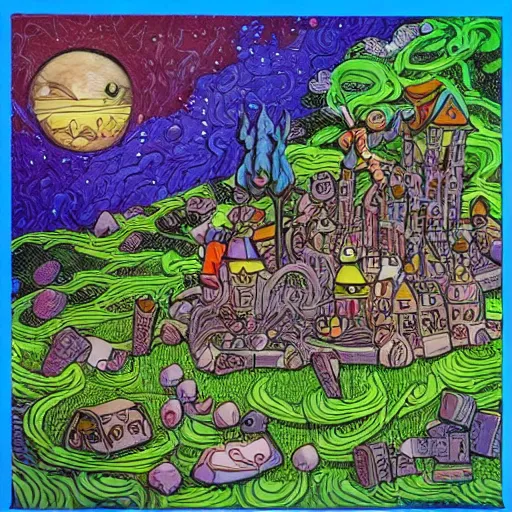 Image similar to acrylic painting, art in the style of Terry Moore, Moebius and Mohrbacher, a tiny village created out of candy with a river of chocolate, intricately detailed