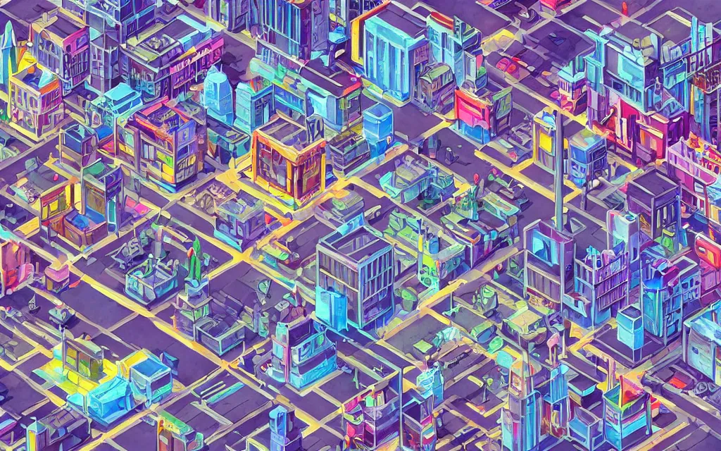 Prompt: a city square in a typical cyberpunk town, isometric aerial view, futuristic, high rise, buildings, neon signs, watercolour illustration, very detailed, whimsical, award winning