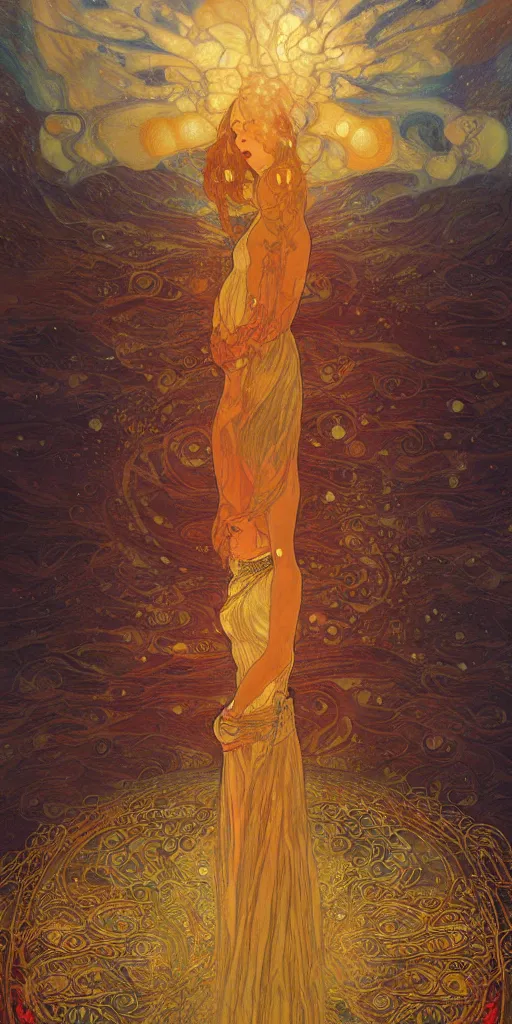 Prompt: breathtaking digital painting of a storm pierced with swords of light, in golden clouds in a desert castle, strokes of mist and scarlet ribbons, art nouveau style, by casimir art, gustav klimt and alfons mucha, anato finnstark and kelogsloops, elegant, highly detailed, artstation, concept art, matte, sharp focus