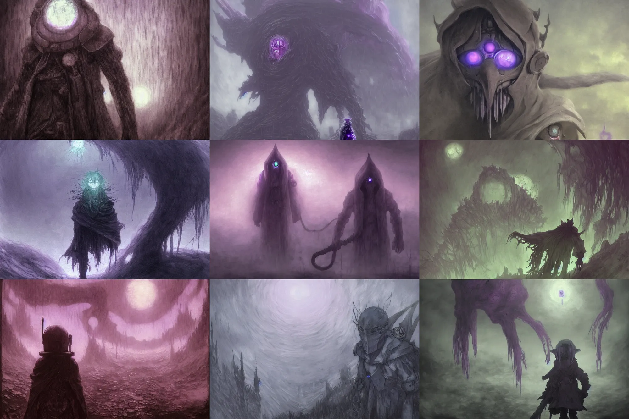 Prompt: gloomy eerie photo of bondrewd the lord of dawn, from the anime made in abyss. bondrewd character with purple glowing mask fanart, zdislaw beksinski, yoshitaka amano, creepy, horror, beautiful painting by claude monet 8 k