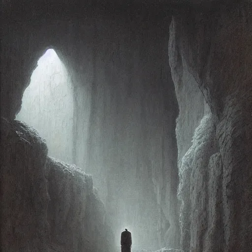 Prompt: an explorer standing in an ancient city inside a cave, by Beksinski and Lauire Lipton